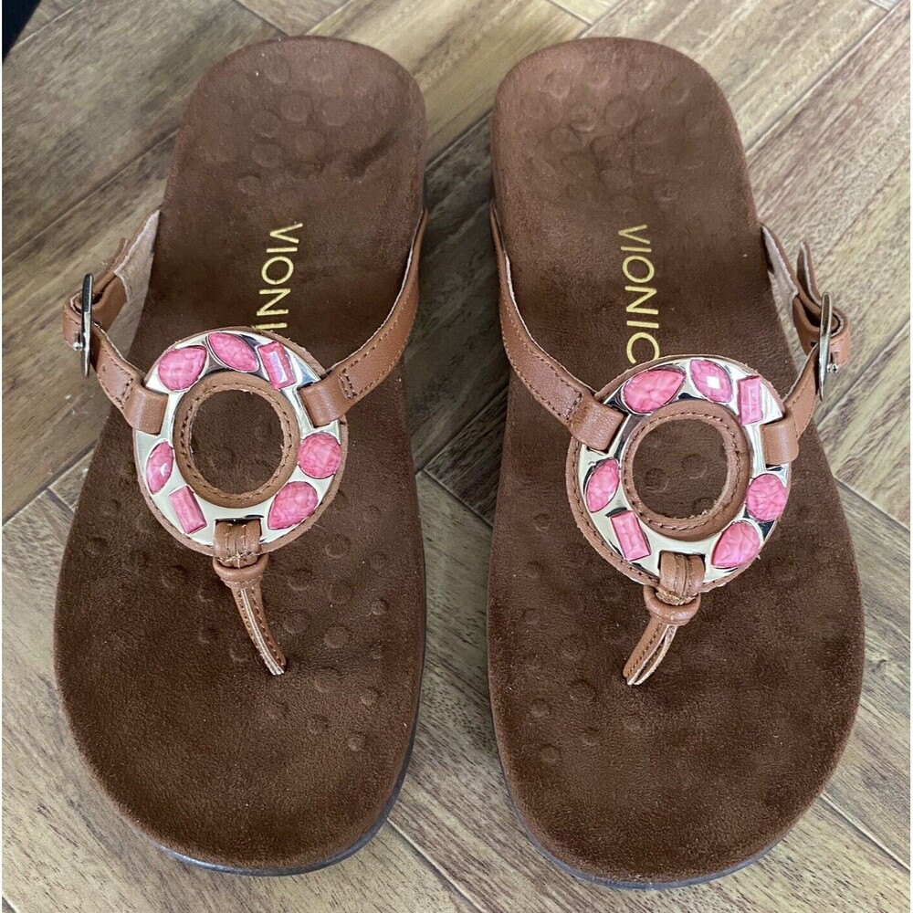 Vionic Flip Flops Women 6 Brown Pink Rest Ricci‎ Thong Sandals Leather Beaded